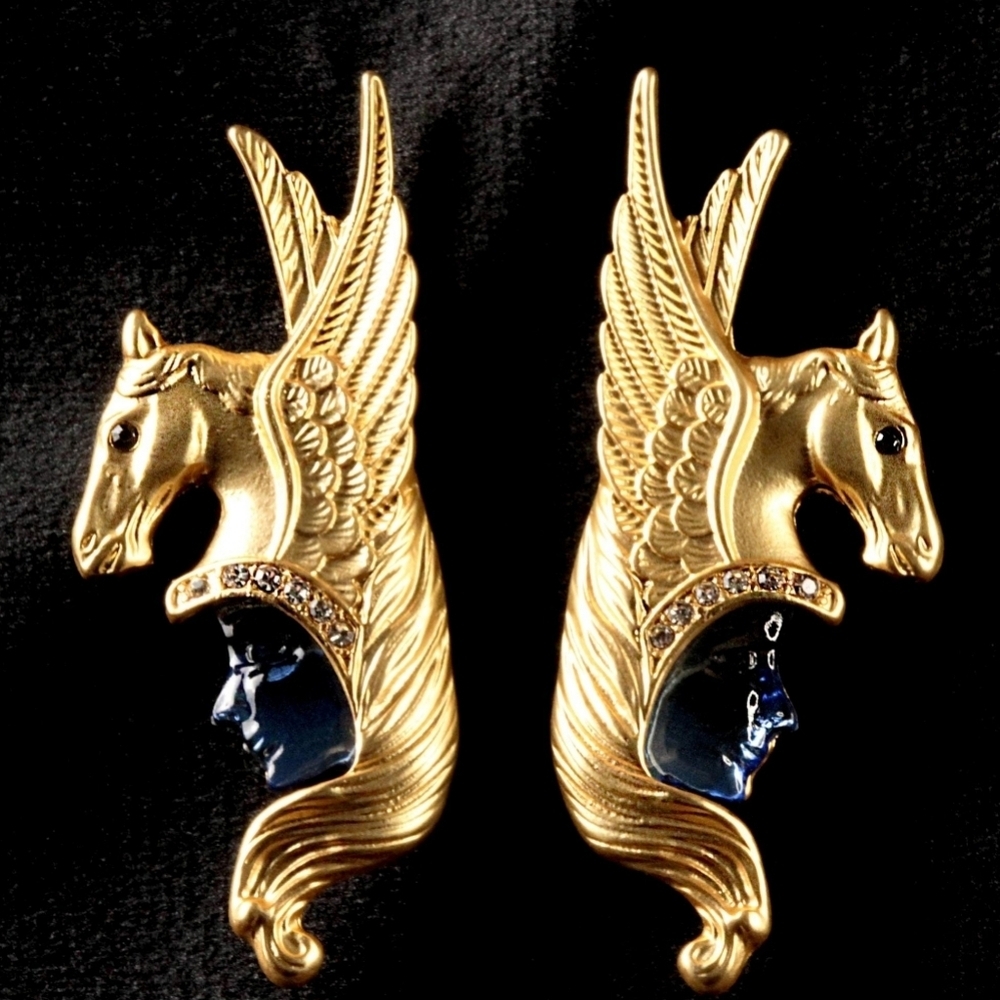 Vintage Kirks Folly Luxury Crystal Winged Pegasus Warrior Face Gold Earrings - Picture 8 of 15